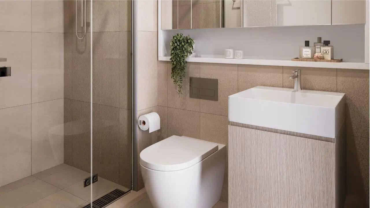 Toilet sink shower and plant bathroom at West Tower, Melbourne Quarter in Melbourne Student Accommodation