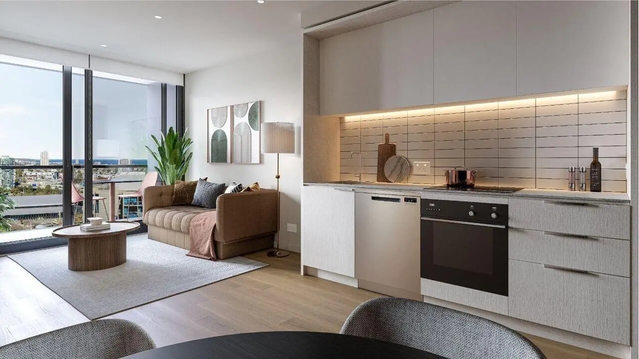 Sofa oven dishwasher modern kitchen living room at West Tower, Melbourne Quarter in Melbourne Student Accommodation