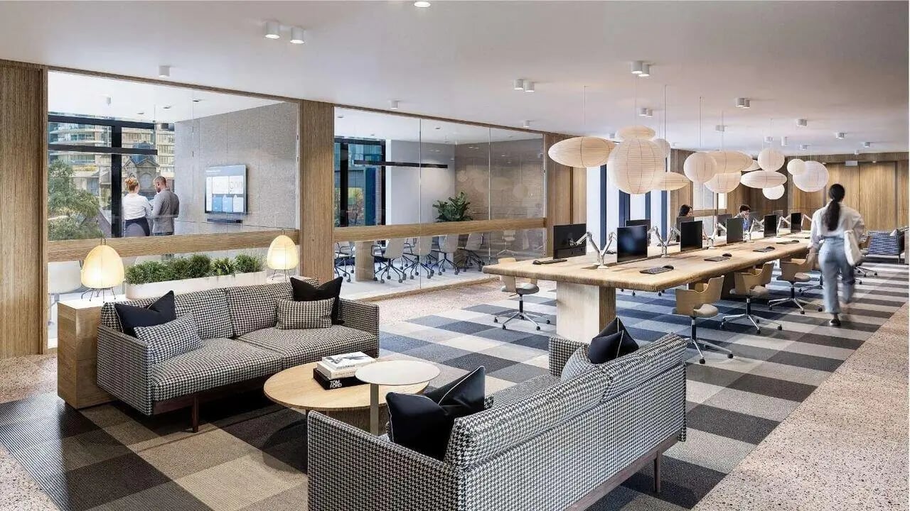 Two sofas long table with computers study area at West Tower, Melbourne Quarter in Melbourne Student Accommodation