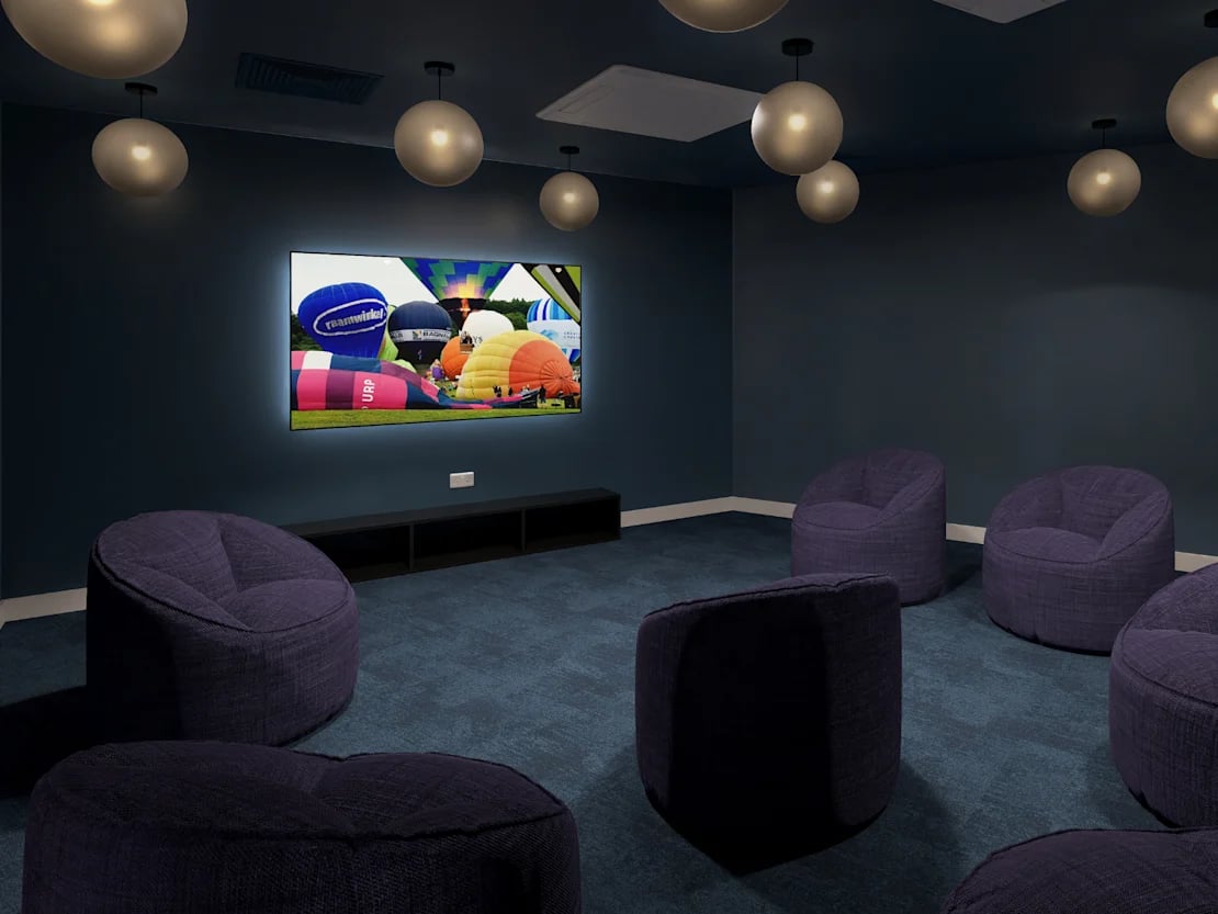 Beanbag chairs and large TV display lounge at Croft Court in Bristol Student Accommodation
