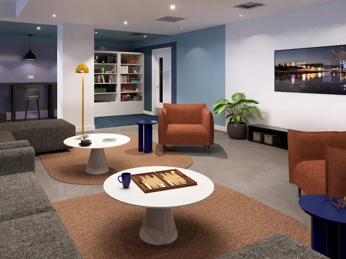 Lounge with couches tables and a TV living room at Croft Court in Bristol Student Accommodation