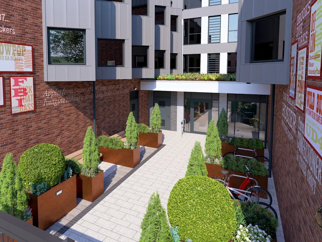 Courtyard with plants benches bicycles exterior at Croft Court in Bristol Student Accommodation