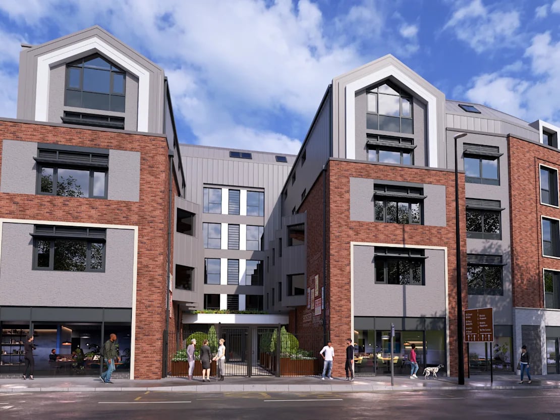 Modern brick building with large windows exterior at Croft Court in Bristol Student Accommodation