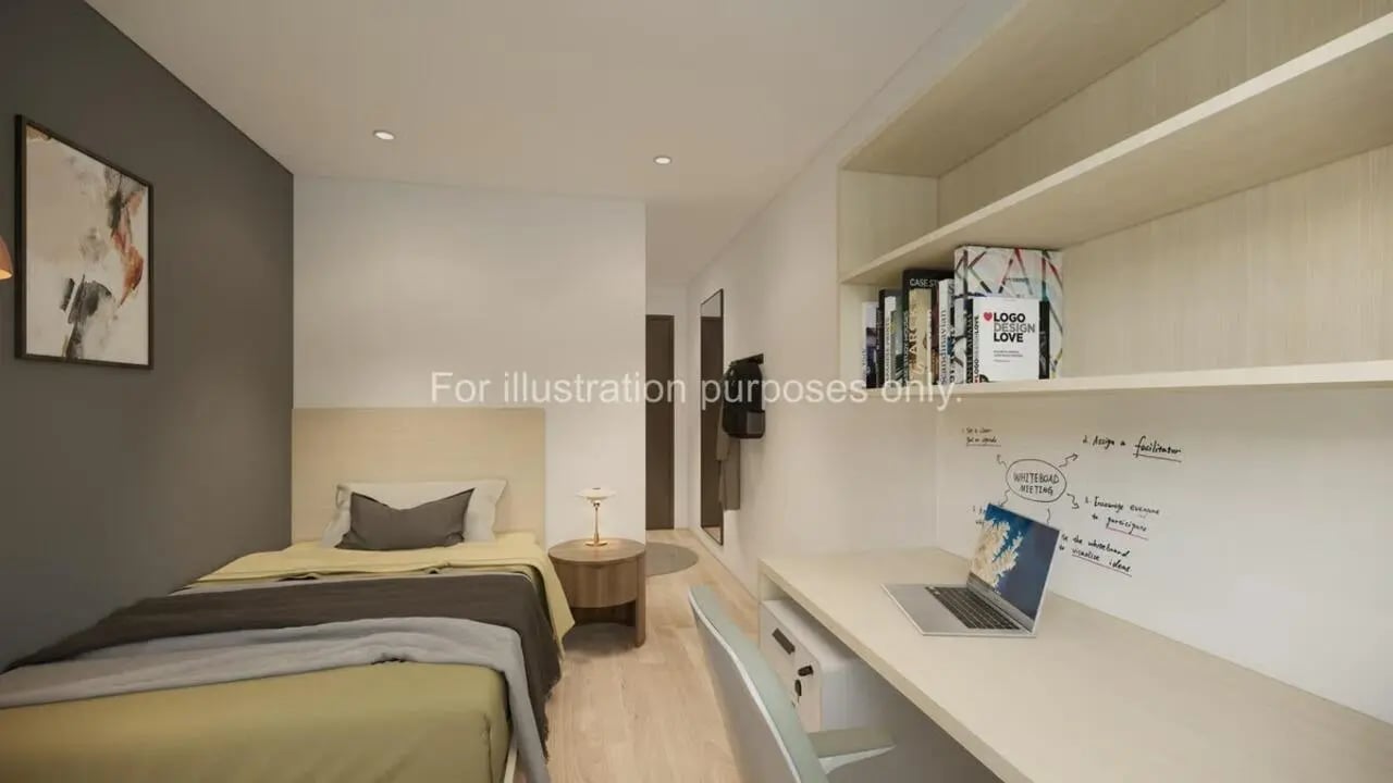 Bed desk and whiteboard student accommodation bedroom at Stellaris in Cambridge Student Accommodation