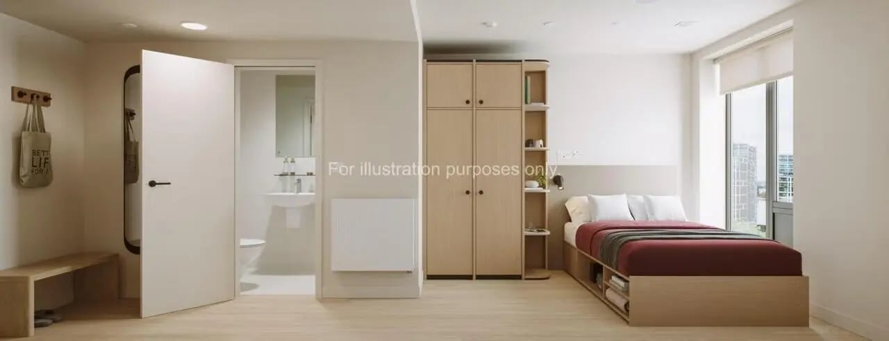 Bed wardrobe and bathroom student accommodation bedroom at Press House in London Student Accommodation