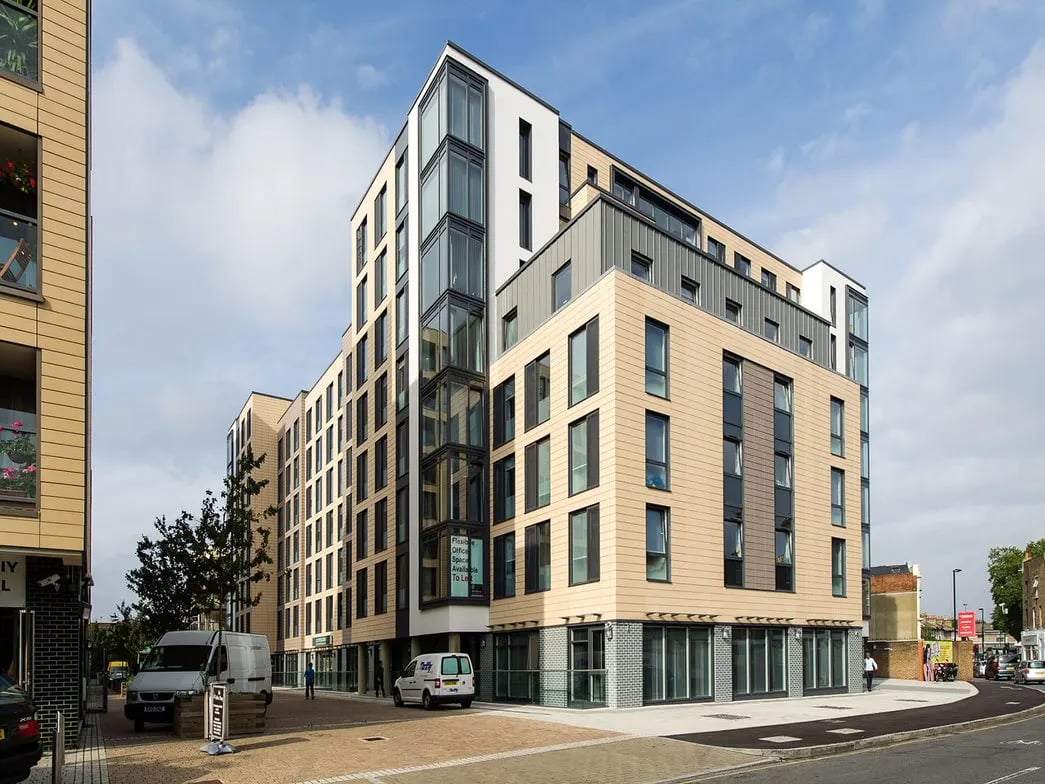 Modern student accommodation building with glass exterior exterior at Glassyard Building in London Student Accommodation
