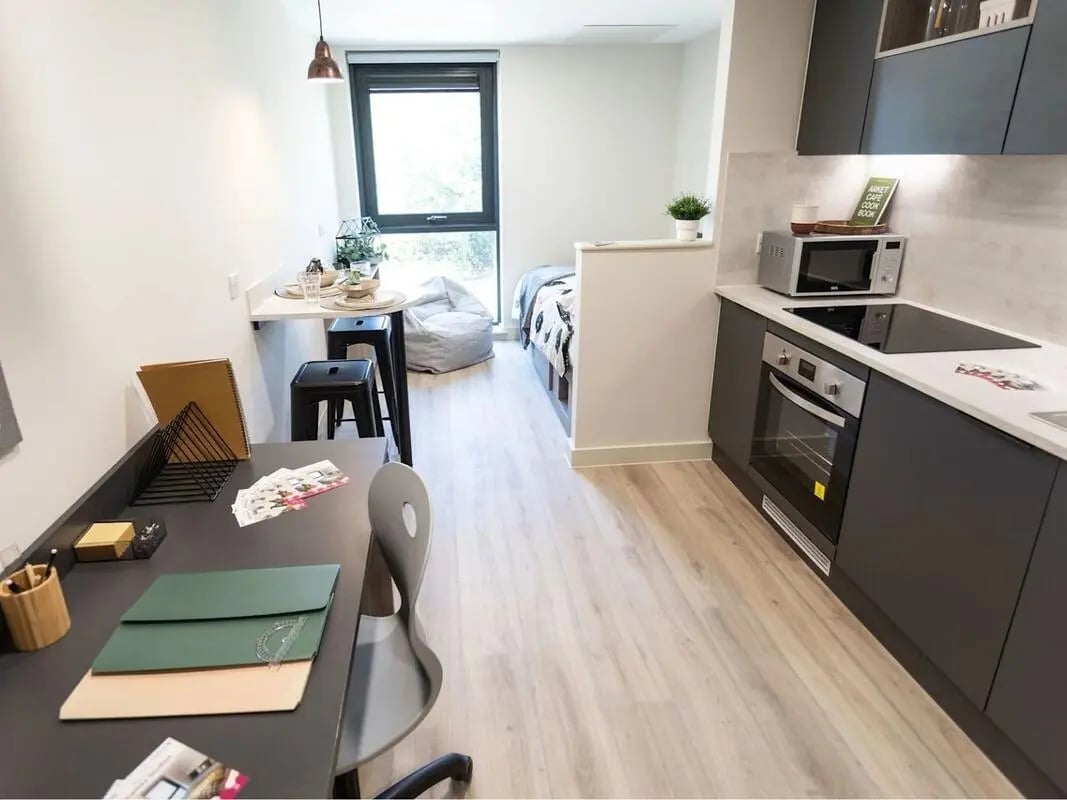 Bed kitchen study area and beanbag living room at Stanley Studios - Portsmouth in Portsmouth Student Accommodation