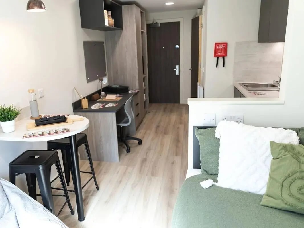 Desk table chair and bed bedroom at Stanley Studios - Portsmouth in Portsmouth Student Accommodation