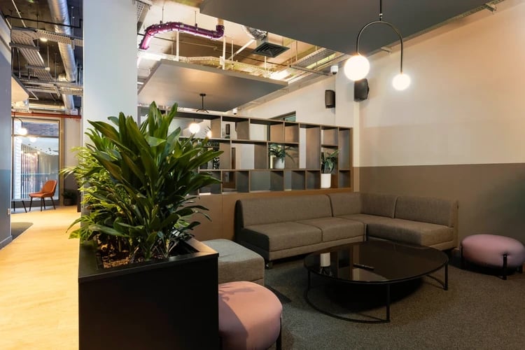 Sofa plant shelves and coffee table communal area at Hayloft Point in London Student Accommodation