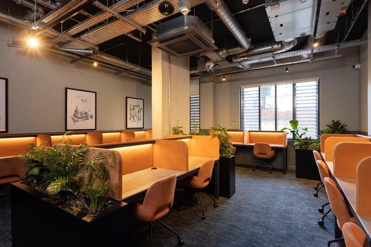 Study desks with orange chairs plants study area at Hayloft Point in London Student Accommodation
