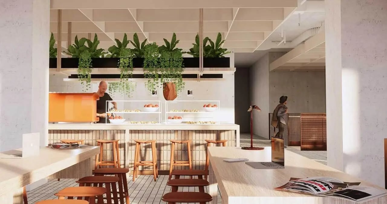 Coffee bar with stools and seating area interior at Iglu Waterloo in Sydney Student Accommodation