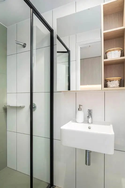 Shower sink mirror shelves bathroom at Iglu Waterloo in Sydney Student Accommodation
