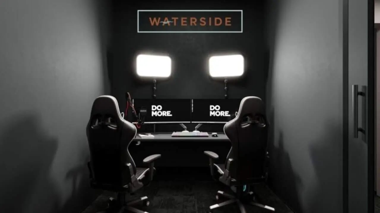 Waterside gaming setup with dual monitors study area at Waterside in Bristol Student Accommodation