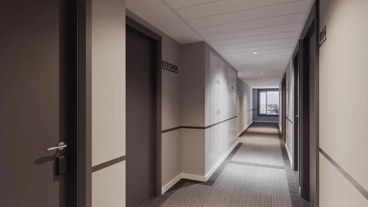 Hallway with doors lockers and window hallway at Signal House in London Student Accommodation