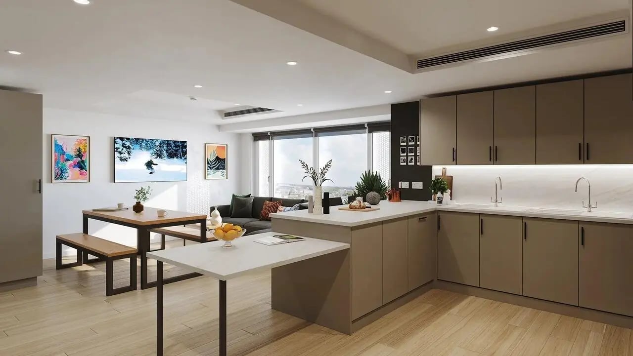Modern kitchen dining living room open plan living area at Signal House in London Student Accommodation
