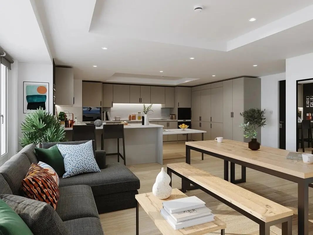 Sofa kitchen dining tables benches living room kitchen at Signal House in London Student Accommodation