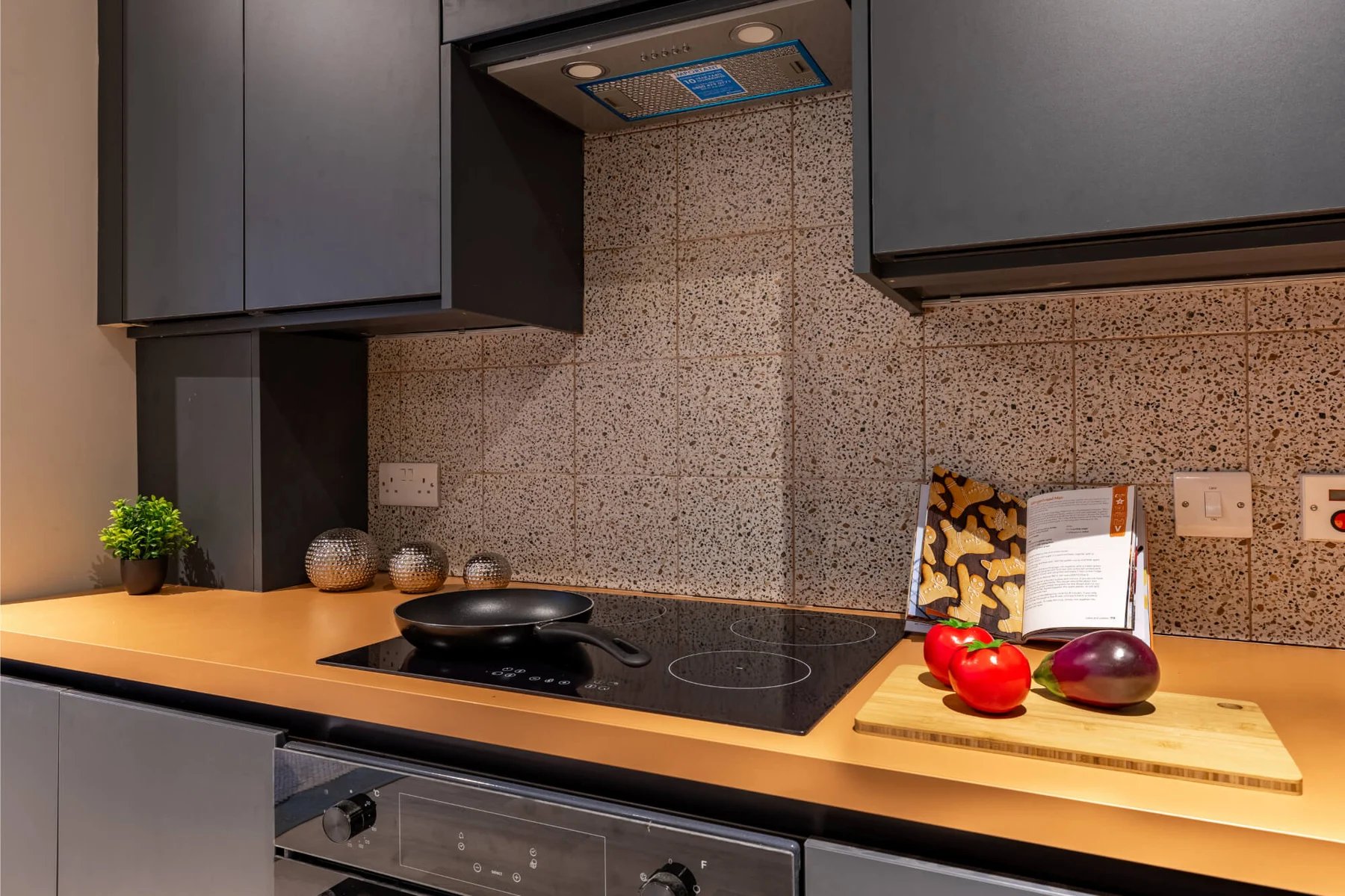 Modern kitchen with induction hob and vegetables kitchen at The Port On The Square in Bristol Student Accommodation