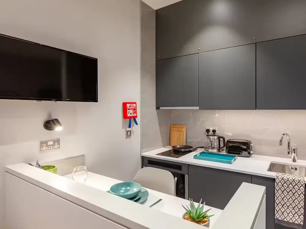 Kitchen area with TV and fire blanket kitchen. at Grosvenor House in London Student Accommodation