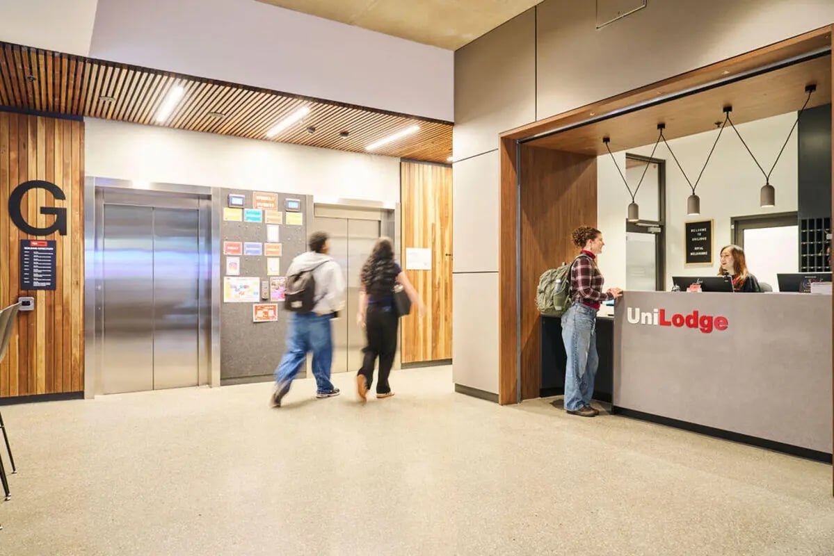 Elevators reception desk with guests lobby area at UniLodge Royal Melbourne in Melbourne Student Accommodation