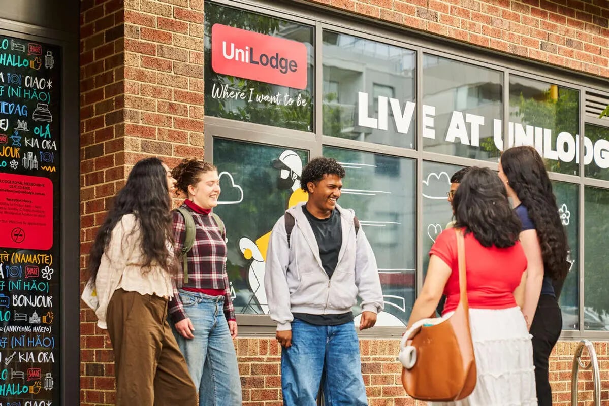 Students outside UniLodge building exterior at UniLodge Royal Melbourne in Melbourne Student Accommodation