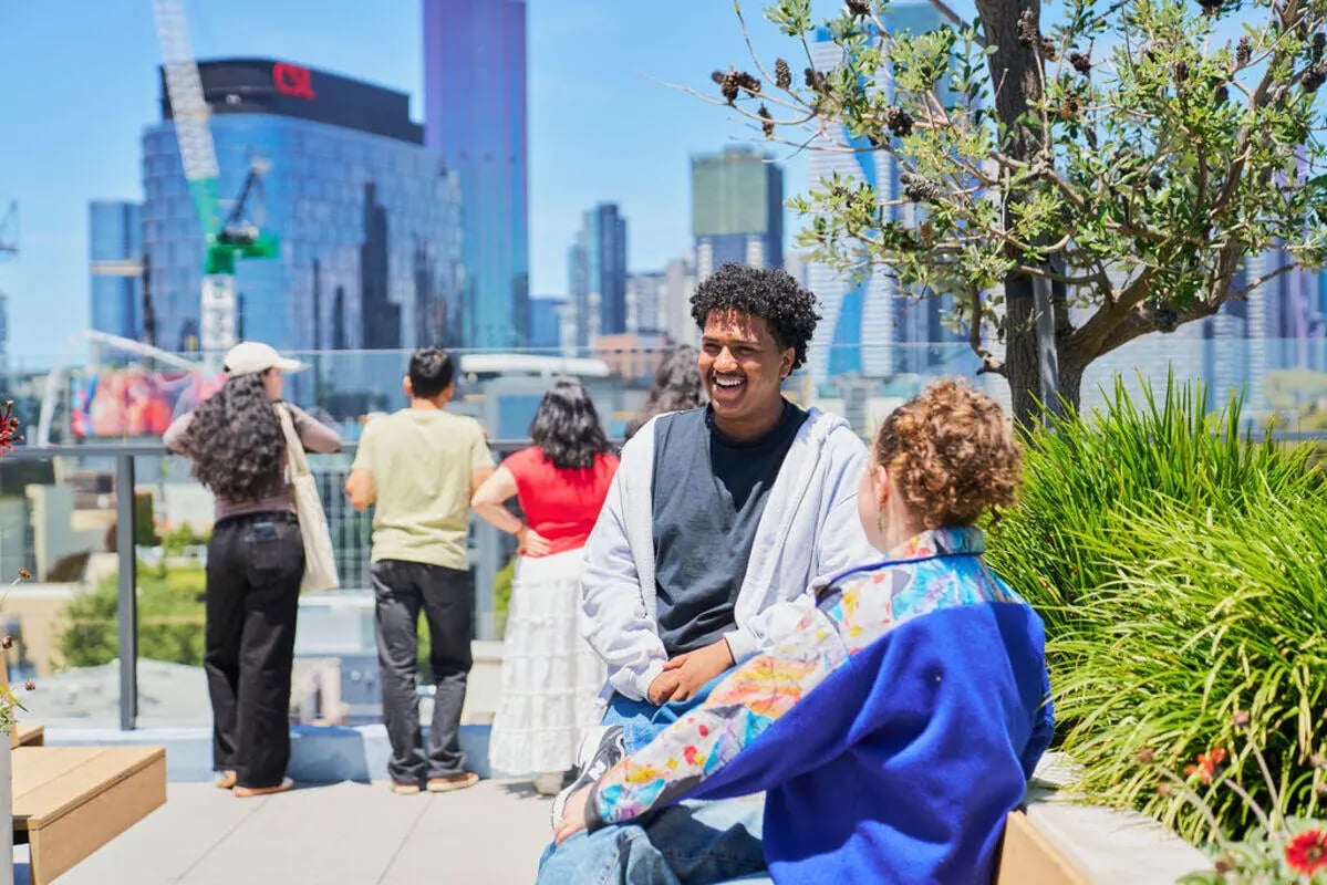 Students chat on a rooftop patio exterior at UniLodge Royal Melbourne in Melbourne Student Accommodation