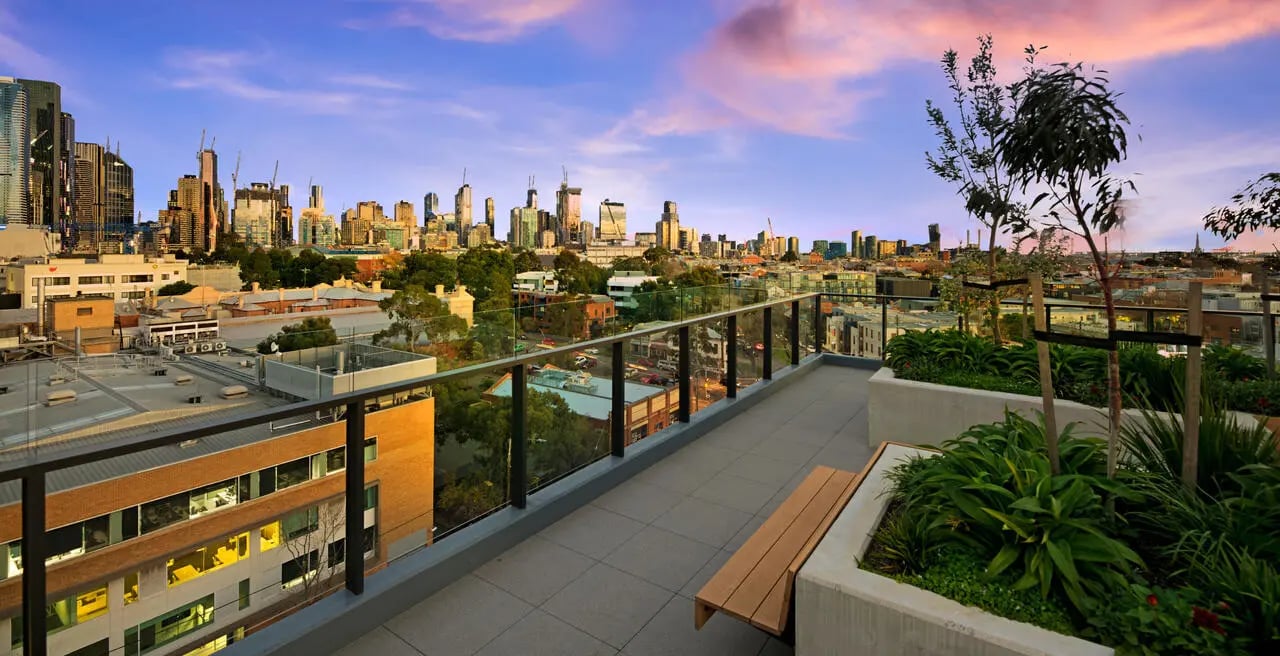 Rooftop patio with city view and seating exterior at UniLodge Royal Melbourne in Melbourne Student Accommodation