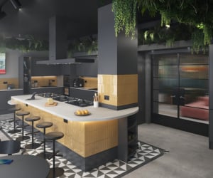 Modern kitchen island bar stools and appliances kitchen at Iconinc The Bonnie in Glasgow Student Accommodation
