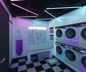 Laundry room with washing machines ironing board bench laundry room at Iconinc The Bonnie in Glasgow Student Accommodation