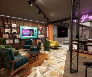 Retro seating area with large screen living room at Iconinc The Bonnie in Glasgow Student Accommodation