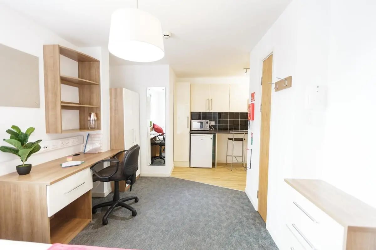 Desk chair plant shelving kitchen area living room at AXO Islington in London Student Accommodation