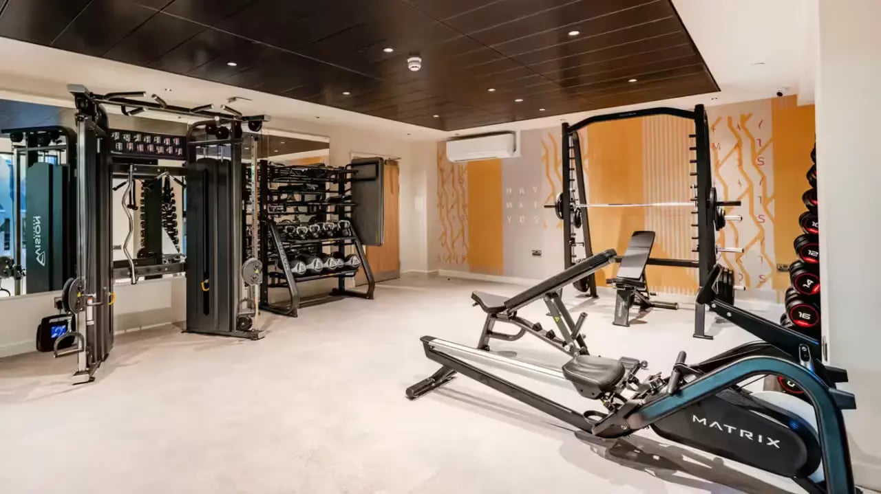Gym equipment including weights and rowing machine Gym at Haymarket Yards in Edinburgh Student Accommodation