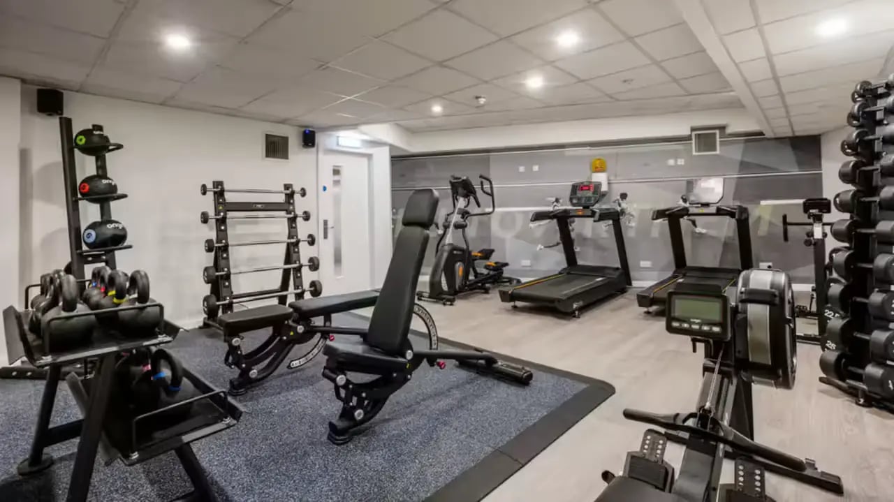 Dumbbells treadmills rowing machine weight bench gym at Gallery Apartments in Glasgow Student Accommodation