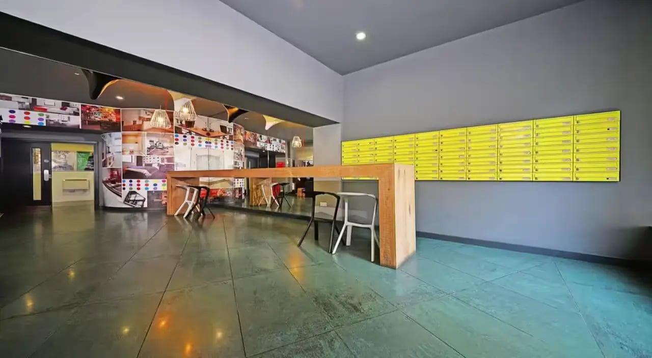 Mailboxes and seating area interior at Gallery Apartments in Glasgow Student Accommodation