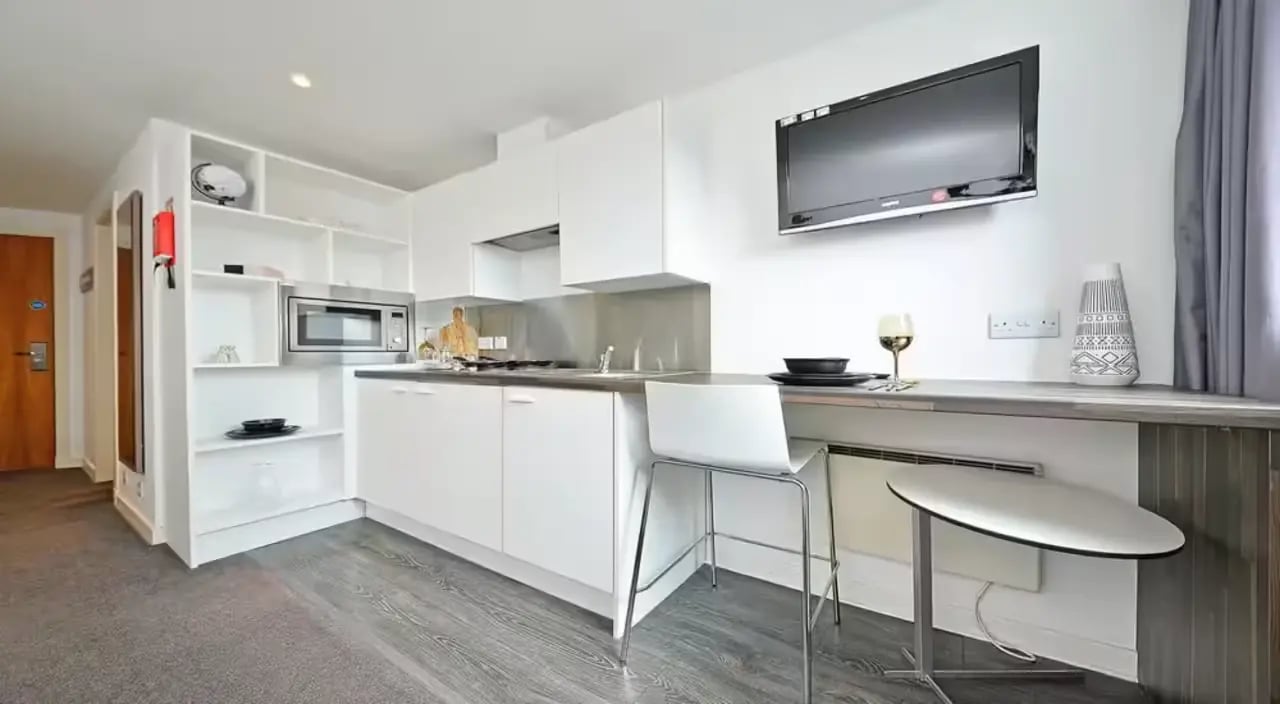 Modern studio kitchen with microwave bar and TV kitchen at Gallery Apartments in Glasgow Student Accommodation