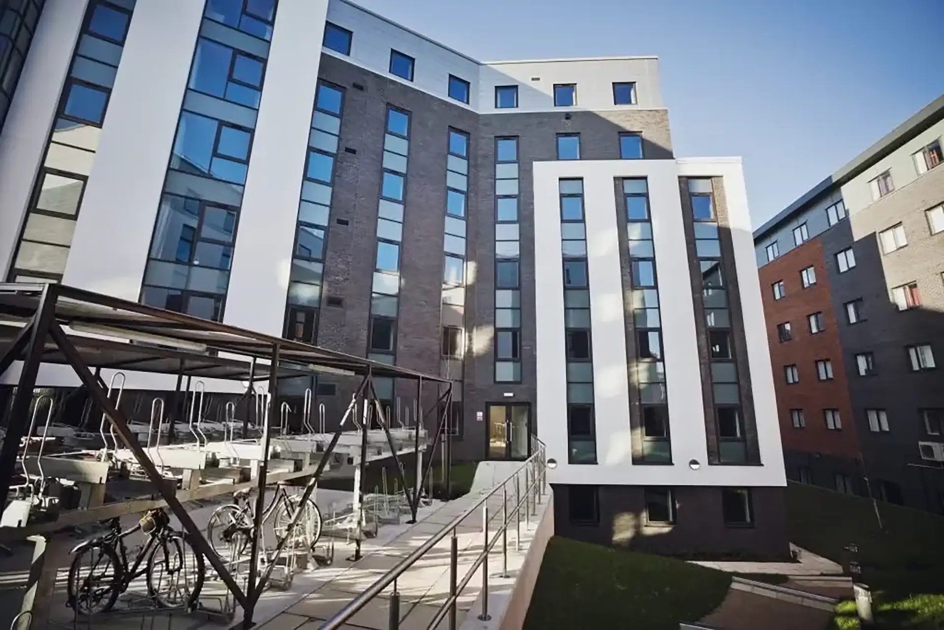 Modern building exterior with bike racks exterior at Friargate Court in Preston Student Accommodation