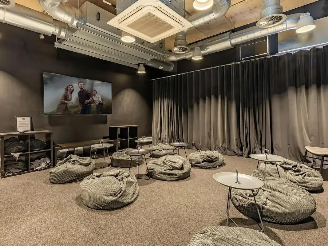 Beanbag chairs and tables in a media room at Globe Works in Birmingham Student Accommodation