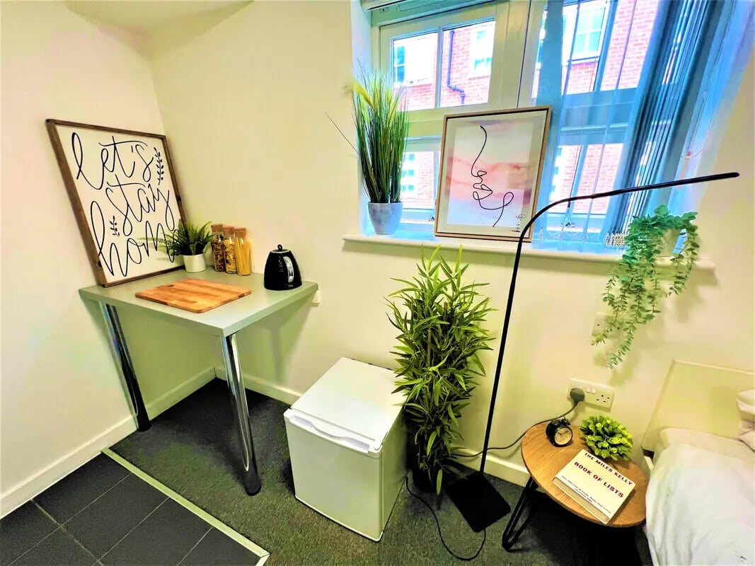 Table kettle mini fridge plants art Bedroom at Tudor Studios in Leicester Student Accommodation