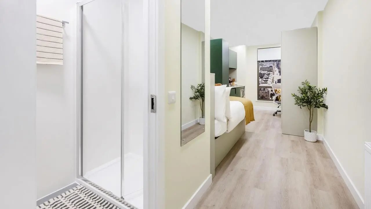 Shower bed and kitchenette studio apartment at St Vincent Studios in Glasgow Student Accommodation