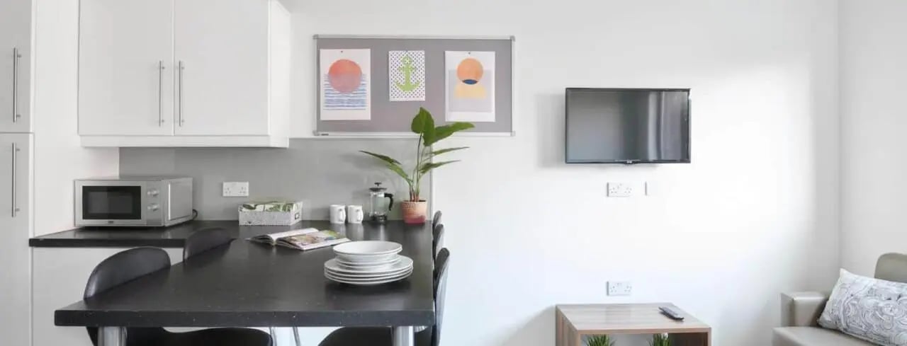 Microwave on counter with plates and television Living area at The Printworks in Exeter Student Accommodation