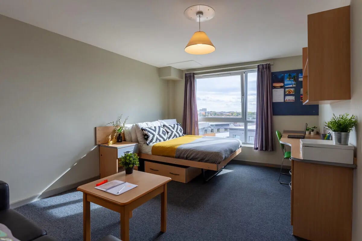 Bed desk storage and table bedroom at Filbert Village in Leicester Student Accommodation