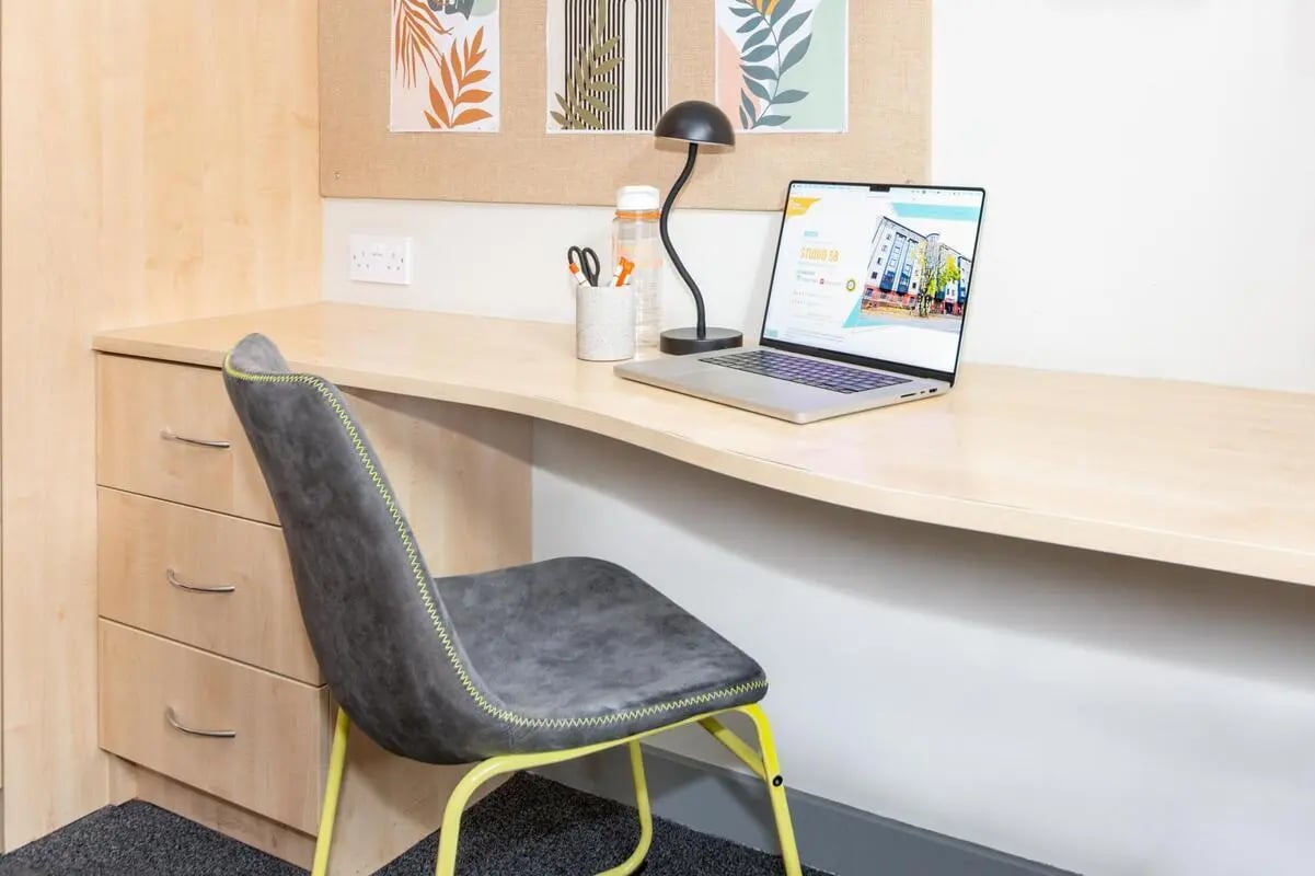 Desk with laptop chair and drawers Study area at Studio 58 in Bristol Student Accommodation