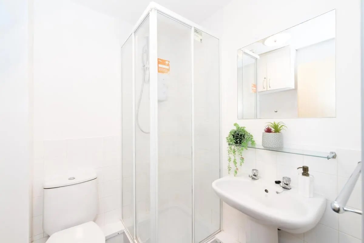 Toilet shower sink mirror and plants bathroom at Studio 58 in Bristol Student Accommodation