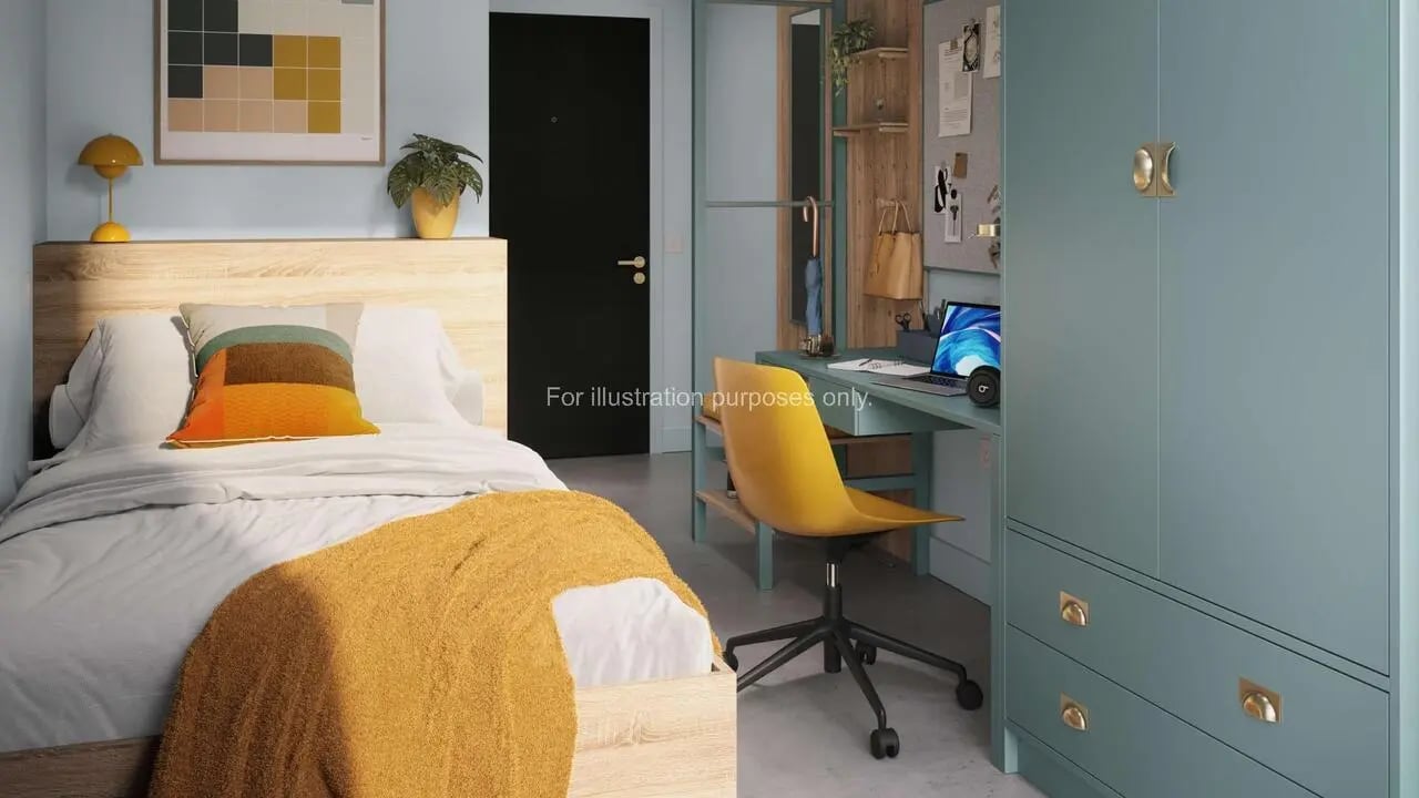 Bed desk wardrobe and artwork student bedroom at The Store House in Leeds Student Accommodation