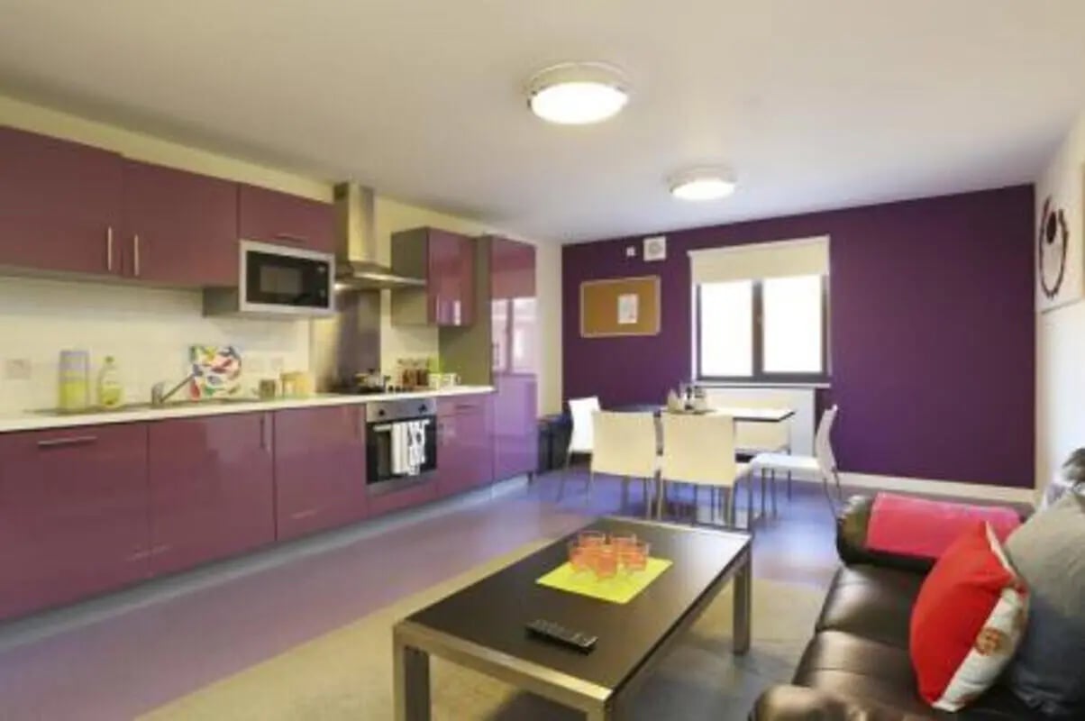 Purple kitchen dining and living area living room at Canterbury Student Village in Canterbury Student Accommodation