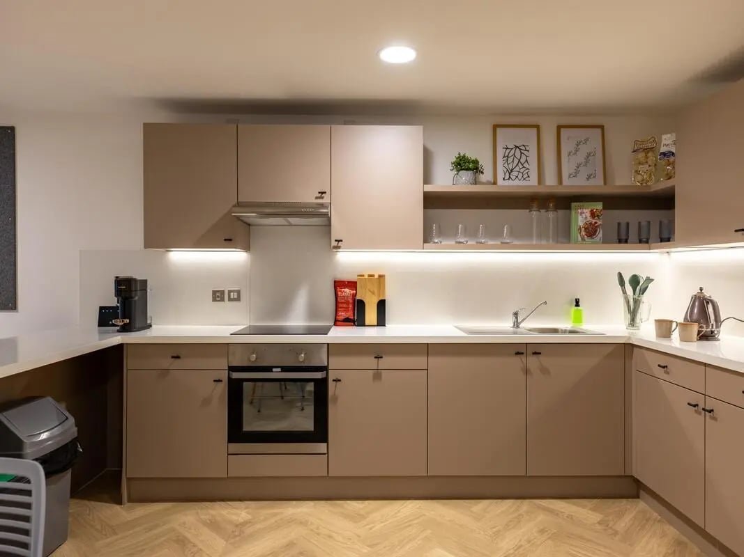 Modern student kitchen with oven and kettle kitchen at Arcadian in Nottingham Student Accommodation