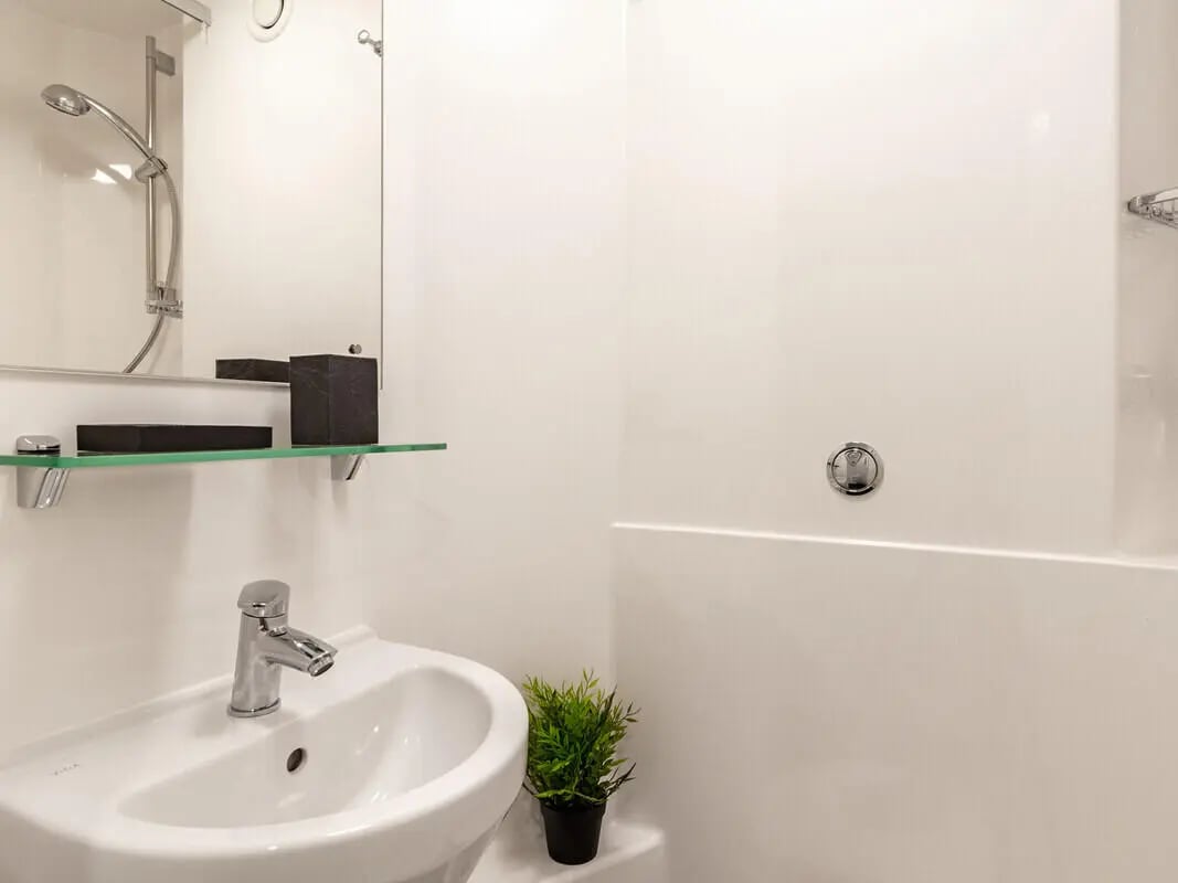 Sink shower mirror and plant bathroom at Straits Village in Nottingham Student Accommodation