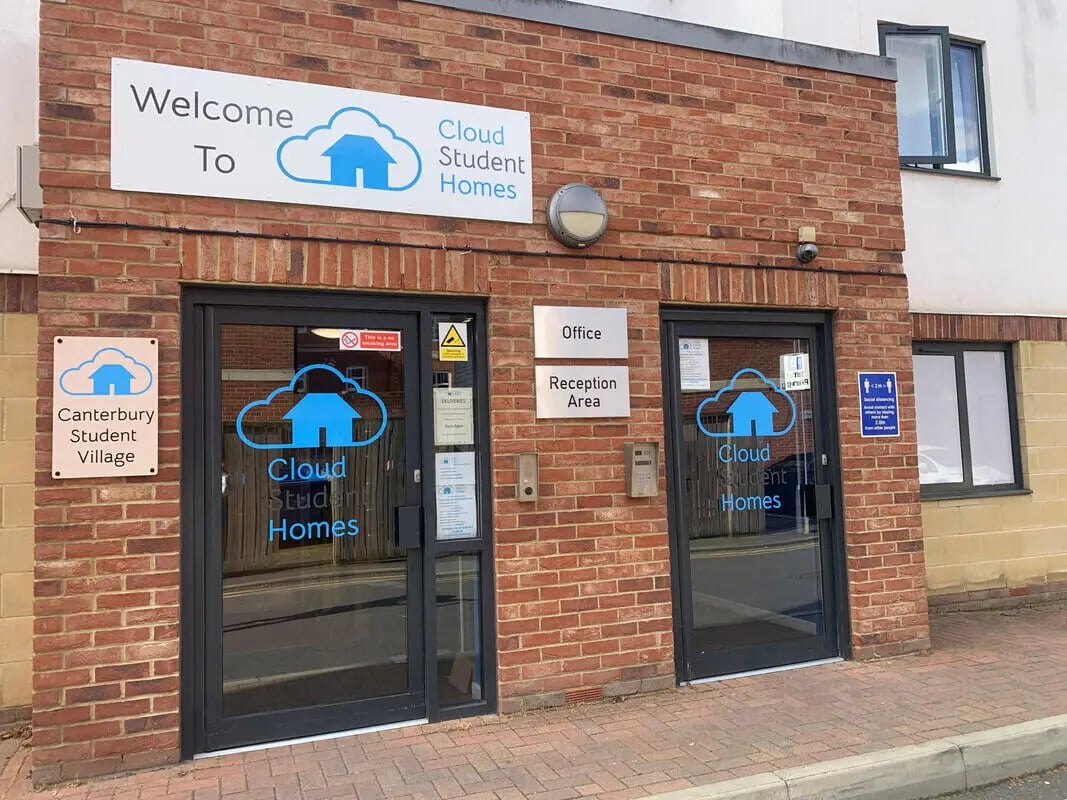 Building entrance with office reception exterior at Canterbury Student Village in Canterbury Student Accommodation