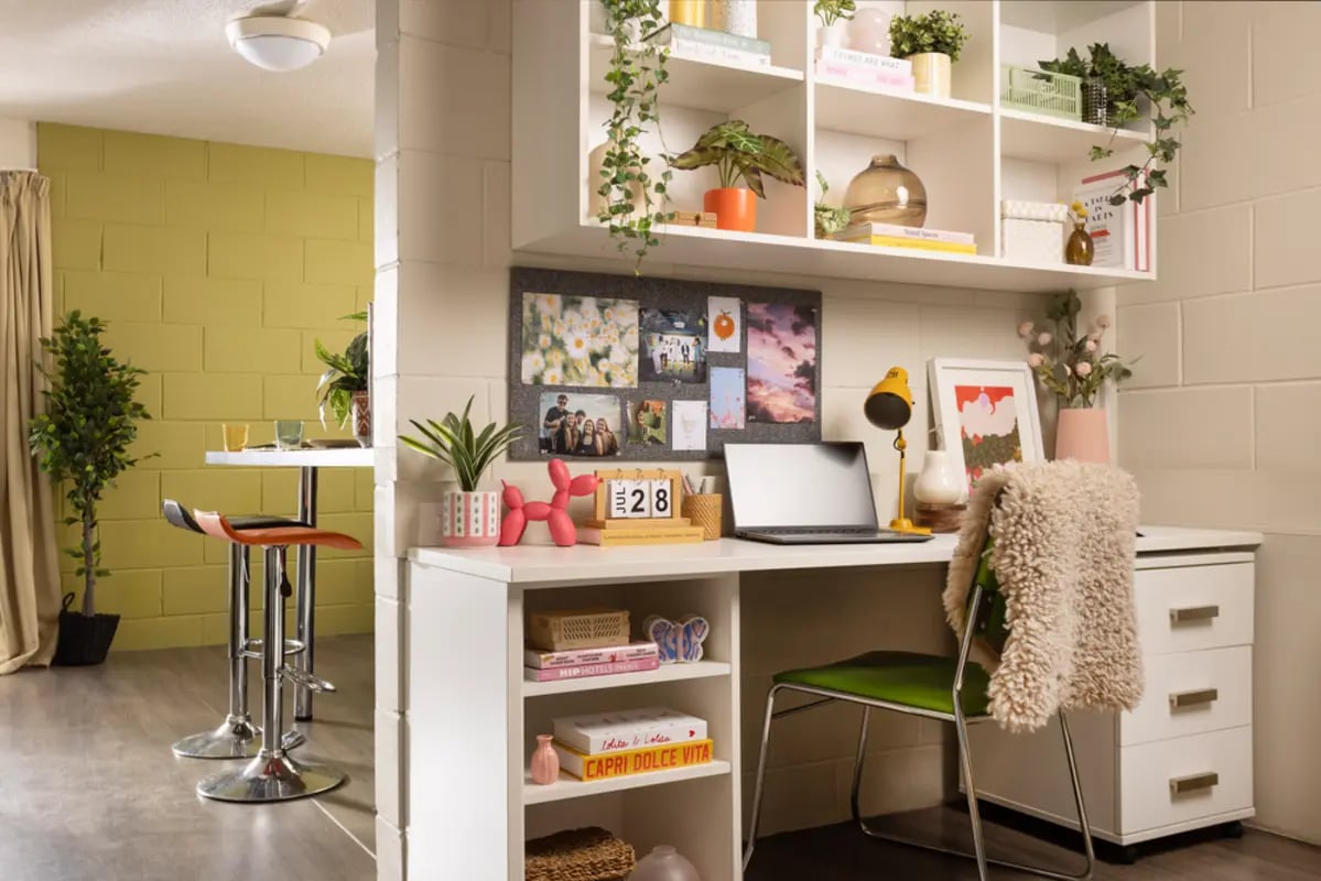 Desk with laptop plants and chair study area at Spring Gardens in Aberdeen Student Accommodation