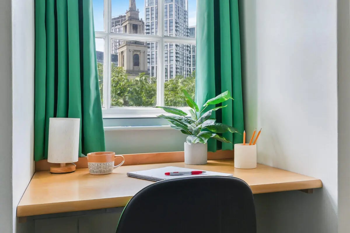 Desk lamp mug plant pencils notebook study area at AXO Waterloo in London Student Accommodation