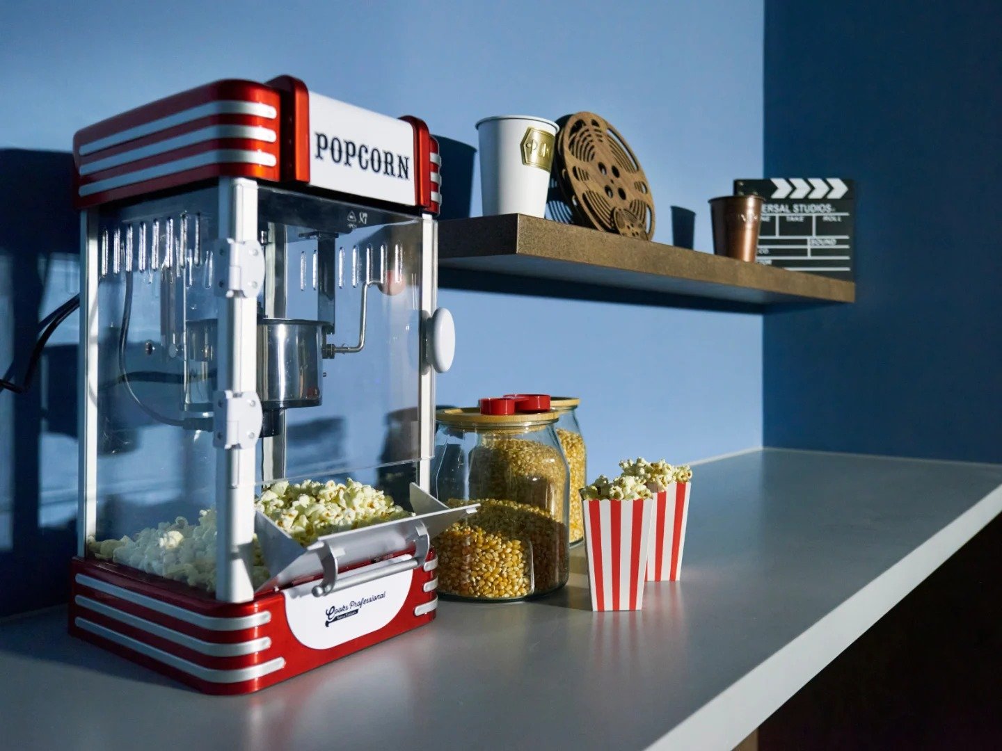 Popcorn maker kernels boxes movie reel area at The Gorge in Exeter Student Accommodation